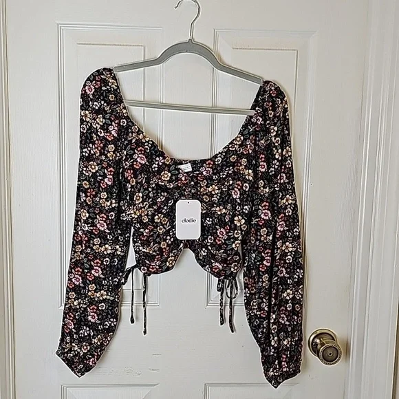 Elodie Floral Black Yellow Pink Elasticized Off Shoulder Rucshed Side Tie Top S - Picture 2 of 13